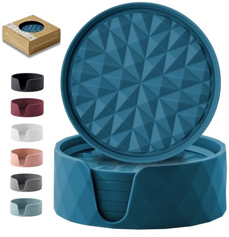 Wingcases Dessous de Verre en Silicone pour Boissons [6 Paquets avec Support], sous-Verres, Tapis de Protection pour Table - Décoration de Table de Café, Cadeau pour Toutes Les Occasions, Bleu Foncé