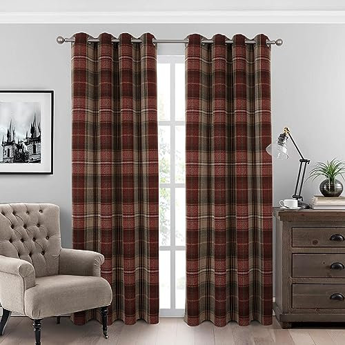 always4u 100% Blickdichter Vorhang Karierte Gardinen mit Ösen, 2er Set B114xH213cm, Wärmeisolierende Verdunkelungsvorhänge für Schlafzimmer Wohnzimmer und Kinderzimmer, Dunkelrot Vintage