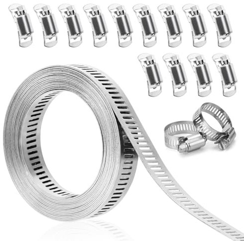 Fascette Stringitubo, 300cm Fascette Metalliche, Regolabile Fascette Acciaio Inox, con 12 Morsetti Tubo Fissaggio, per il Collegamento di Tubi Tubazioni Cavi