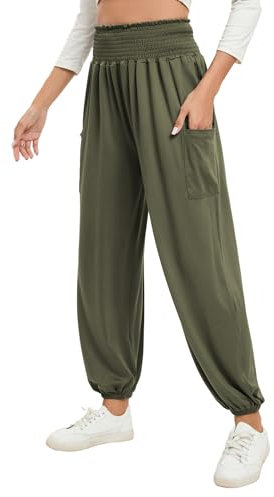 Famulily Damen Yoga Jogginghose in voller Länge Workout Harem Joggers Leichte Bequeme Lounge Hose Armeegrün XL