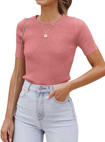 Cuptacc T-Shirt Damen Kurzarm Rundhals Casual Tops Sport Pullover Y2k Top Altrosa, Groß XL 46-48