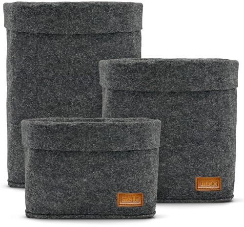 MIQIO® Design Premium Filz Korb - 3er-Set - Aufbewahrungskörbe Filz - Ökotex zertifiziert - faltbare Filz Organizer - Ordnungsbox für alle Räume wie Küche, Wohzimmer, Diele oder Bad - dunkelgrau