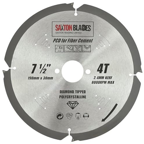 Saxton PCD Circular Saw Blade, 190mm x 4 Teeth x 30mm Bore 16, 20 & 25mm rings, Polycrystalline Diamond Tipped Fibre Cement Board, Hard Materials