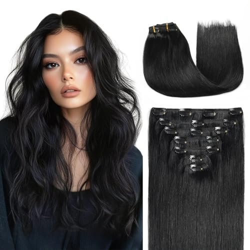 MISSME Clip in Extensions Echthaar, 7 Stück 40cm Echthaar Extensions Clip 110g Haarverlängerung Echthaar #1 Tief Schwarz Extainsons Echthaar Clips
