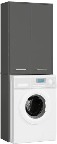 AKORD Meuble Buanderie Machine à Laver Fin 180 | L64 x H180 x P30 cm | Meuble pour Lave Linge avec 4 Étagères 2 Portes de Rangement | Meubles de Salle de Bain | Gris Graphite + Façade Gris Graphite