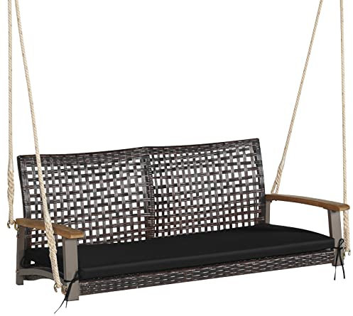 KOMFOTTEU Hängebank aus Rattan, Hängeschaukel für 2 Personen, freihängende Gartenschaukel Schaukelstuhl mit Akazienholzgeländer, Schwebebank Hollywoodschaukel bis 360 kg (Inkl. Sitzkissen)