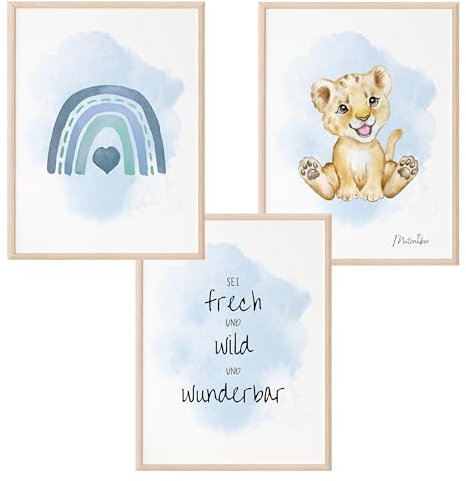 Mutzauber 3er Set Poster A4 | Deko Babyzimmer Jungen Mädchen | Bilder Bär Tiere ohne Rahmen (blau, Löwe)