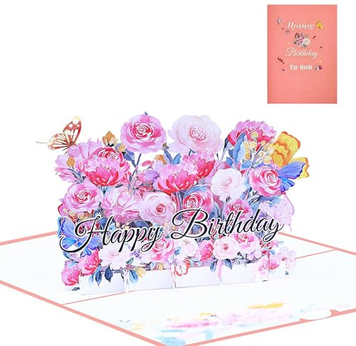 FloraVigo Pop-up-Geburtstagskarte, 3D-Schmetterlingsblumen-Geburtstagskarte mit Umschlag, Nachrichtenkarte, Geburtstag, Hochzeitstag, romantische Geschenkkarte für Frauen, Mutter, Freunde