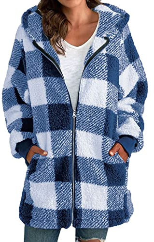Berimaterry Giacca da donna in pile spesso cardigan scozzese a maniche lunghe con cappuccio a quadri camicia di flanella oversize con tasca con cerniera capispalla, Blu, S