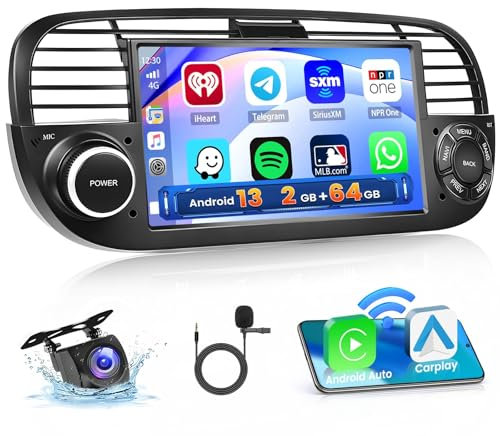 [2+64G] Car Radio Stereo for Fiat 500 2007-2015 with Wireless Carplay Android Auto, 7'' Android Car Stereo Touch Screen Radio with Canbus Bluetooth WiFi GPS EQ SWC FM RDS Dual USB+AHD Backup Camera