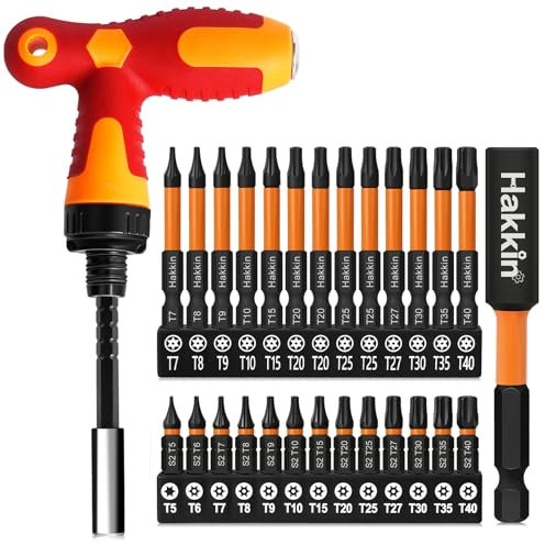 Torx Bit Set Hakkin 28Pcs Torx Screwdriver Sets S2 Steel Magnetic Tamper Proof Torx Security Bits with 75mm Bit Extension Holder and Bit Driver for Impact Drill T5-T40