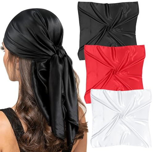 XIEJ Seidentuch Haare, 90x90cm Kopftuch Damen, Rot, Weiß und Schwarz Quadratische Halstücher für Damen, Satin Bandana Kopftuch für Haarbänder, Schals, Taschentuch, Hals