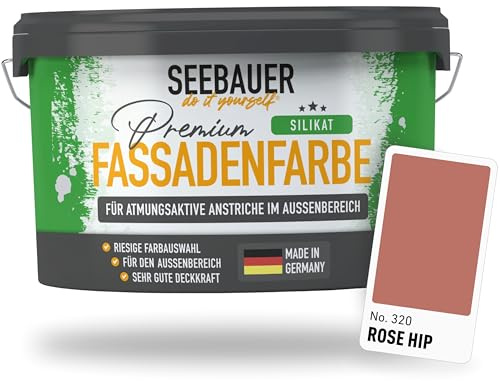 SEEBAUER diy Silikat-Fassadenfarbe Rot 5L für Außen (No. 320 Rose Hip) Atmungsaktive Mineralfarbe für Fassaden - Geeignet für Putz, Mauerwerk und Beton
