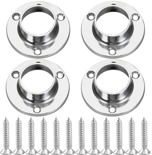 4 PCS 25mm Round Wardrobe Rail Locking End Socket, Stainless Steel Flange Rod Holder, Polished Chrome Curtain Wardrobe Rod Pole Socket with Holding Screws