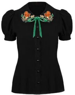 Hell Bunny Chester Blouse – Black Woodland Squirrel Embroidery Puff Sleeve Top, Black, S