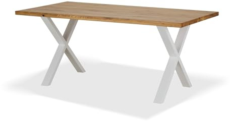 KHG Esszimmertisch Massivholz Eiche geölt mit X-Gestell Weiß - 180 x 90 cm - für 6-8 Personen - moderner Esstisch mit stabilem Metallgestell, Küchentisch bis 100 kg belastbar