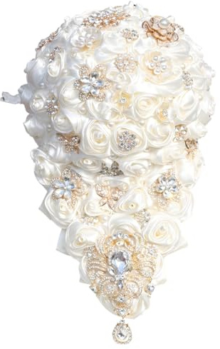 Brautstrauß Wasserfall, Hochzeitsrose, künstlicher Satin und Kristall-Schmuck-Details, Weißgold, kaskadierend und Brautstrauß