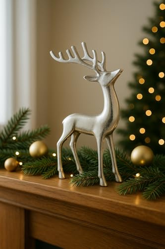 khevga Hirsch Deko 32 cm Silber – Weihnachtsfigur, edle Tischdekoration & Fensterbank, Rentier modern