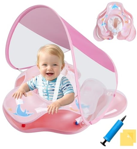 Ninonly Flotador Bebe con Sombrilla UV UPF 50+ Flotador Inflable para Bebe de Protección Solar Antivuelco Piscina Bebé con Asiento y Respaldo para Niños de 12 a 36 Meses(Rosa Transparente)