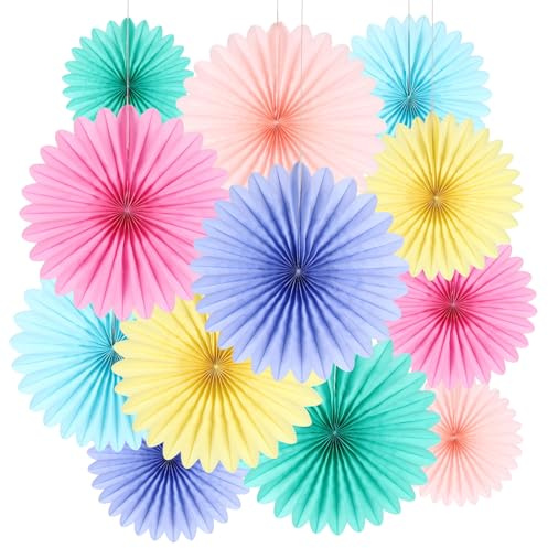 BestoFun 12PCS Paper Fans Pastel Rainbow Colorful Party Decorations Tissue Paper Flowers Decorations Paper Fans Party Decorations for Girl Groovy Birthday Baby Shower Wedding Room Wall Hanging Décor