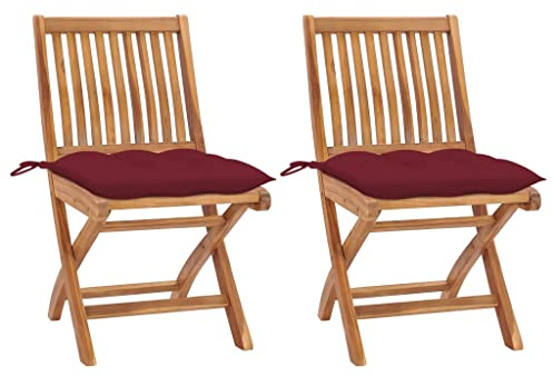 Frdhee Campingstuhl Gartensessel Terrassenstuhl,Gartenstühle 2 STK. mit Weinroten Kissen Massivholz Teak,Terrassenstuhl Für Garten Terrasse Balkon,Einfach Zu Montieren