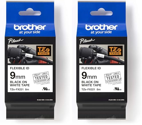 Brother Original P-touch Schriftband TZE-FX221 9 mm, schwarz auf weiß (u.a. für Brother P-touch PT-H100LB/R, H105, E100/VP, D200/BW/VP, D210/VP) zur Kabel- und Rohrbeschriftung, laminiert