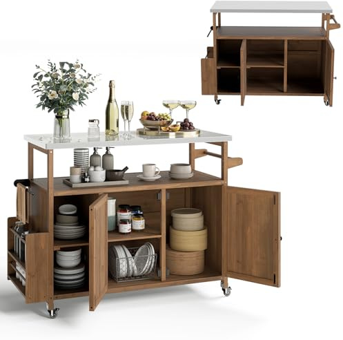 KOMFOTTEU Chariot pour Barbecue en Bois, Plan de Travail en Acier, Desserte de Jardin, 3 Étagères Ouvertes & 1 Armoire, Desserte d’Extérieur, Porte-épices & Porte-Serviettes, 130 x 47 x 92 cm