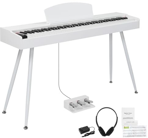 LEADZM Piano Digital de 88 Teclas con Soporte, Teclado Contrapesado, Piano Eléctrico con 3 Pedales, 2 Sistemas Bluetooth, USB-MIDI, Apto para Principiantes (Blanco)