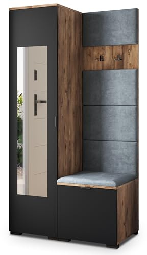 Masseno Flugarderoben Set VIRA, Kleiderschrank-Set mit Spiegel und Sitzbank, Garderobenschrank Flur mit 3 Regalböden, Eiche Lefkas/Schwarz