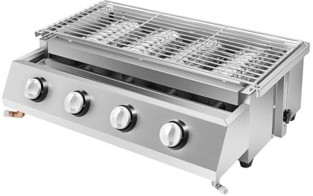 Barbecue a gas a 4 fuochi in acciaio inox, 58 x 40 cm, piastra a gas portatile, 4 luci indipendenti per giardino, terrazza, campeggio, griglia esterna con coperchio, 9,5 kg