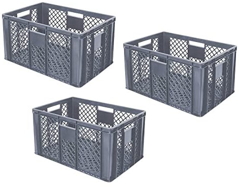 BRB 3x Eurobehälter duchbrochen/Stapelkorb, Industriequalität, LxBxH 600x400x320 mm, grau