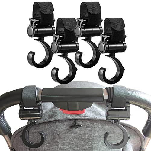 360°Rotanti Ganci,4 Pezzi Ganci per Passeggino Universale,Gancio Clip per Passeggino,Materiale Leggero E Resistente Universali,Per Passeggino Carrozzina Accessori Universale Per Appendi Borse.