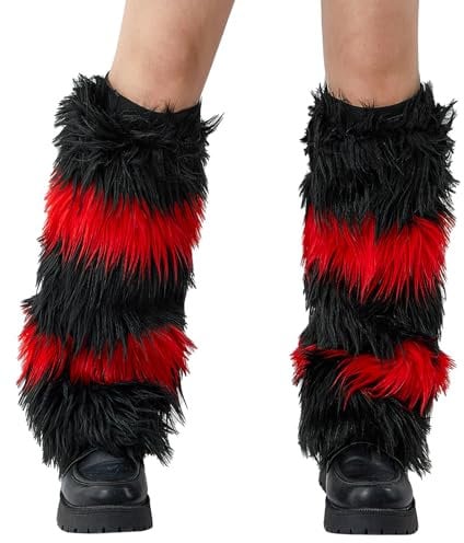 YILEEGOO Womens Faux Fur Fuzzy Leg Warmers Warm Fuzzy Rainbow Boot Sleeves Boot Covers Cuff Fluffy Rave Music (A Black Red, One Size)