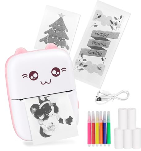PENYUY Mini Thermal Printer, Portable Photo Printer for Phone, Bluetooth Mini Label Printer, Sticker Maker Machine, Compatible with iOS and Android, with 5 Rolls Paper and 5 Pens (Pink)