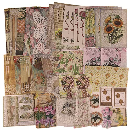 Vintage Scrapbooking Papier Scrapbook Sticker Washi Aufkleber Dekopapier Zubehör Retro Bastelpapier für Junk Journal Bullet Journaling Art Aesthetic Pflanzen Blumen Aufkleber