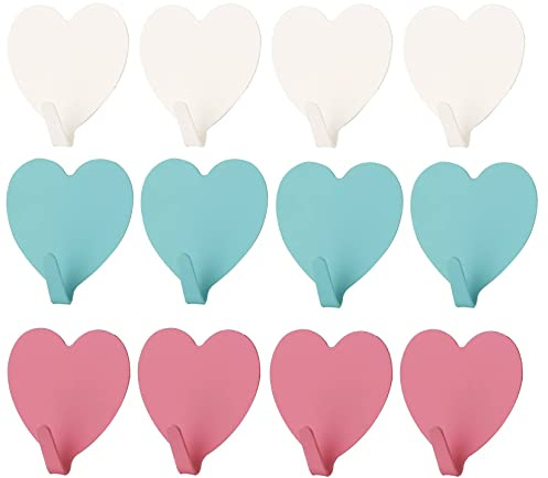 12 Stück Herz Selbstklebend Haken Bunte Wandhaken Edelstahl Klebehaken, Ohne Bohren Selbstklebende für Bad Toilette Handtuchhalter Küche (Stil 2)