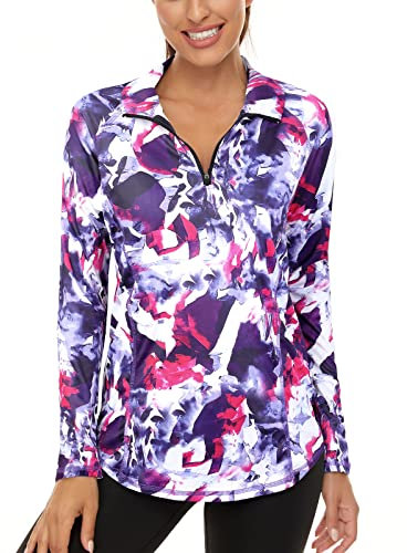 Sports Top Women, Womens Running Shirts Pullover Long Sleeve Gym Tops Casual Tie Dye Workout 1/4 Zipper Moisture Wicking Fitness Golf Hiking Cycling Tops