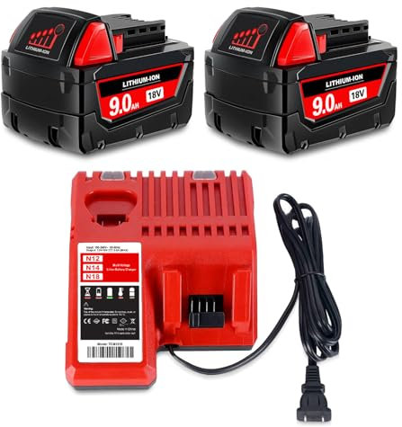 SKYON 2 Pack 18V 9Ah & 8Ah Batteries and Charger Kit Compatible with Milwaukee M-18 XC9.0Ah, XC8.0Ah, XC6.0Ah High Output Lithium Battery and 18V M-18 Charger