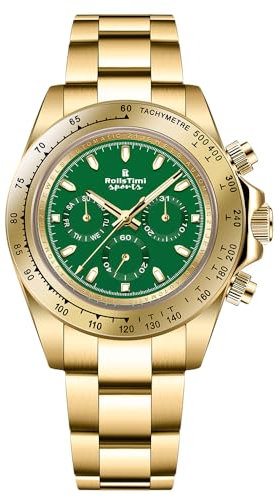 RollsTimi Herrenuhr RT137 Mechanisch Automatisch Edelstahl Leuchtend Wasserdicht Multifunktional Casual Business Uhr Herren Mode Sport Chronograph Saphirglas Uhr (Gold Grün RT137)