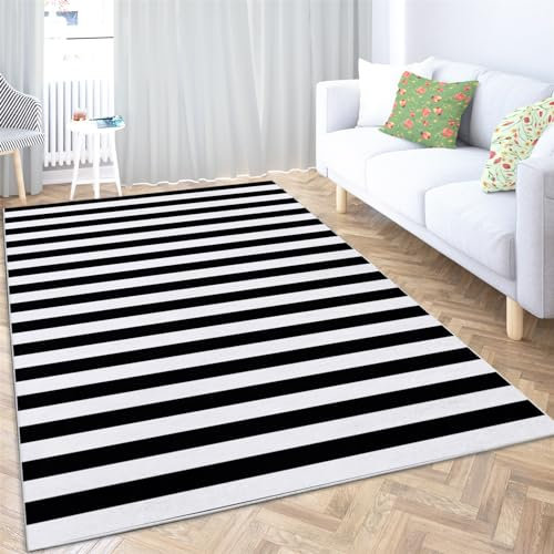 BanbE Teppich Wohnzimmer Schwarz-Weiß Gestreiftes Muster 60x120 cm Weicher Flauschig Flanell Teppich Waschbar Modern In & Outdoor Teppich für Schalfzimmer Esszimmer Garten Terasse