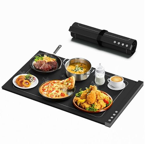 COODAM Warming Mat for Food - Full Surface Rapid Heating, Rollable & Portable Food Warmer Mat with 6 Temperature Settings and 1-4 Hours Adjustable Timer, Silicone Heating Mat for Party Buffet (Black)