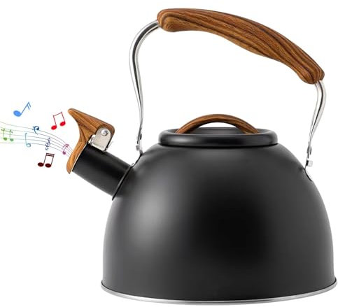 Stove Top Kettle, 3L Whistling Kettle, Stainless Steel Kitchen Teapot with Wood Handle, Whistling Tea Kettle for Gas Hob, Stovetop Kettle for Induction and Electric Hobs(Black)