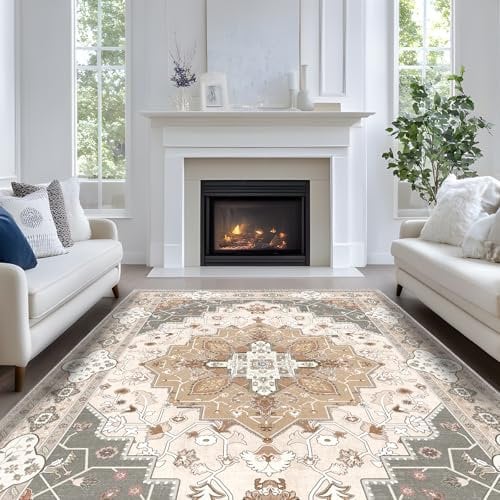 Luogort Gelb Teppich Wohnzimmer 140x200cm, Waschbarer Vintage Teppich Kurzflor Teppiche mit Rutschfester Rückseite – Weich, Kindersicher & Pflegeleicht für Büro Esszimmer Kinderzimmer