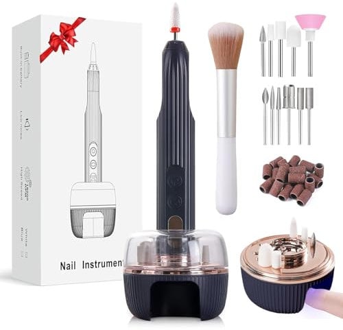 Electric Nail Drill Machine, Professional Nail Files for Acrylic Nails Gel, Portable Manicure Drill Set Rechargeable Adjustable Speed with 18000 RPM, Electric Nail Care Kit with UV Light for Beginner