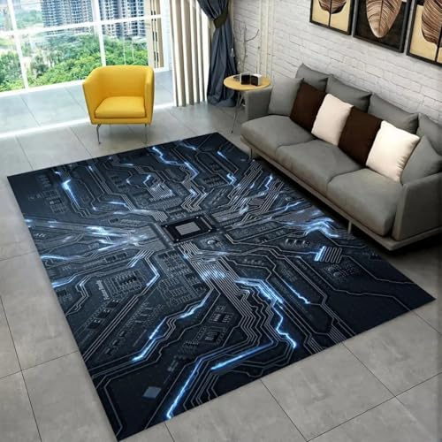 RUILBJM 3D Visuell Cool Linien Spiel Teppich, Schaltkreis Muster Teenager Zimmer Carpet, Wohnzimmer Must-Have Bodenmatte, Für E-Sport-Raum, Jungen Schlafzimmer Anti-Rutsch Matte (Blau,120x180cm)