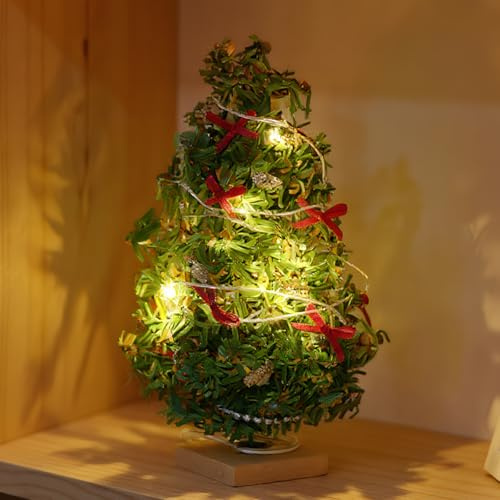 Arbre de Noël Miniature avec lumières, Mini Arbre de Noël réaliste à l'échelle 1/12 avec Base en Bois pour Maison poupée, décoration intérieure