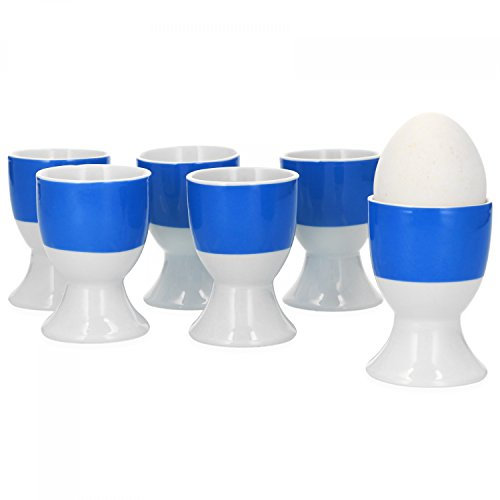 van Well Vario Eierbecher-Set 6-teilig - Eier-Service für 6 Personen - Eierhalter 4,6 cm breit & 7cm hoch - Porzellan-Set weiß mit Rand in Blau - Eierständer spülmaschinengeeignet