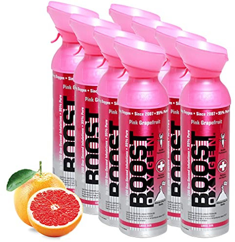 L'oxygène pur dans la canette – PAMPLEMOUSSE ROSE, 72L d´oxygène pur concentré à 95% dans 8x9L canettes portable pour plus de 1200 bouffées d'oxygène pur.