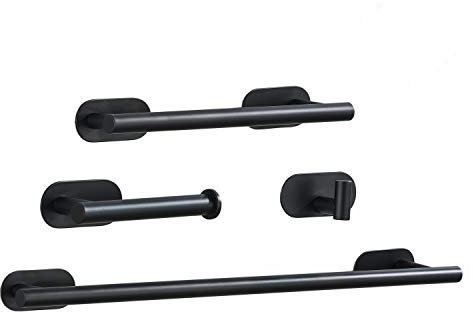 Adhesivo Negro 60cm Toalleros de Baño con 30cm Toallero Barra Portarrollos para Papel Higiénico Gancho, 4 Piezas Juego de Accesorios de baño
