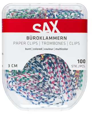 SAX Büroklammern 3 cm 100 Stück, Metallklammern für Dokumente und Unterlagen, Kunststoffbox mit Sicherheitsverschluss, Bürobedarf Organisation